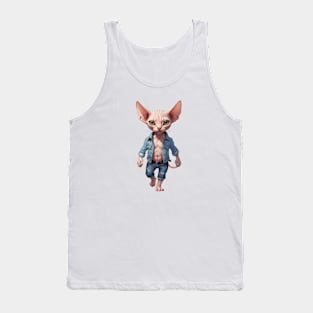 Casual Cool Cat: Sphynx in Denim Tank Top